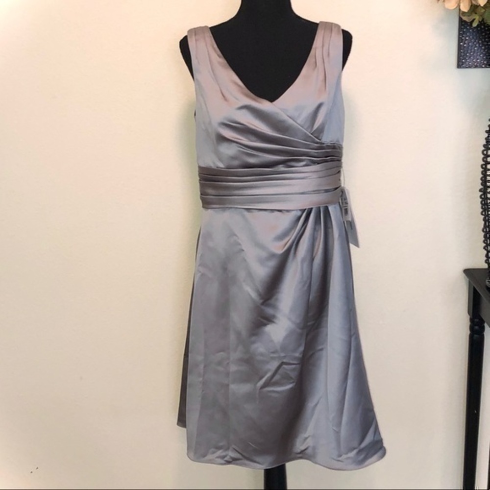 David’s Bridal Sleeveless Satin Dress with Ruched Waist Mercury Size 10 NWT
